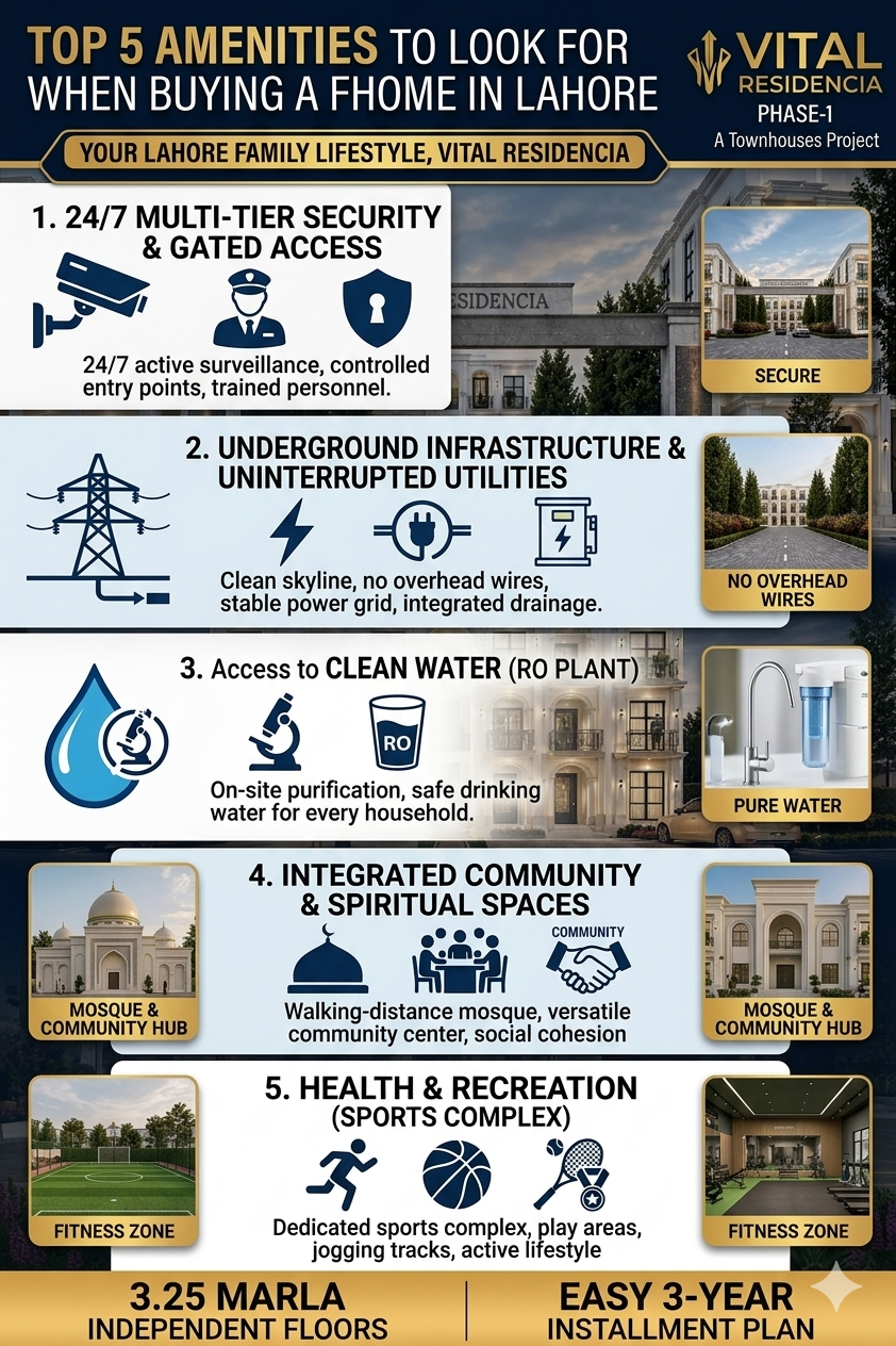 Icons for RO Plant, Sports Complex, and Security at Vital Residencia Lahore