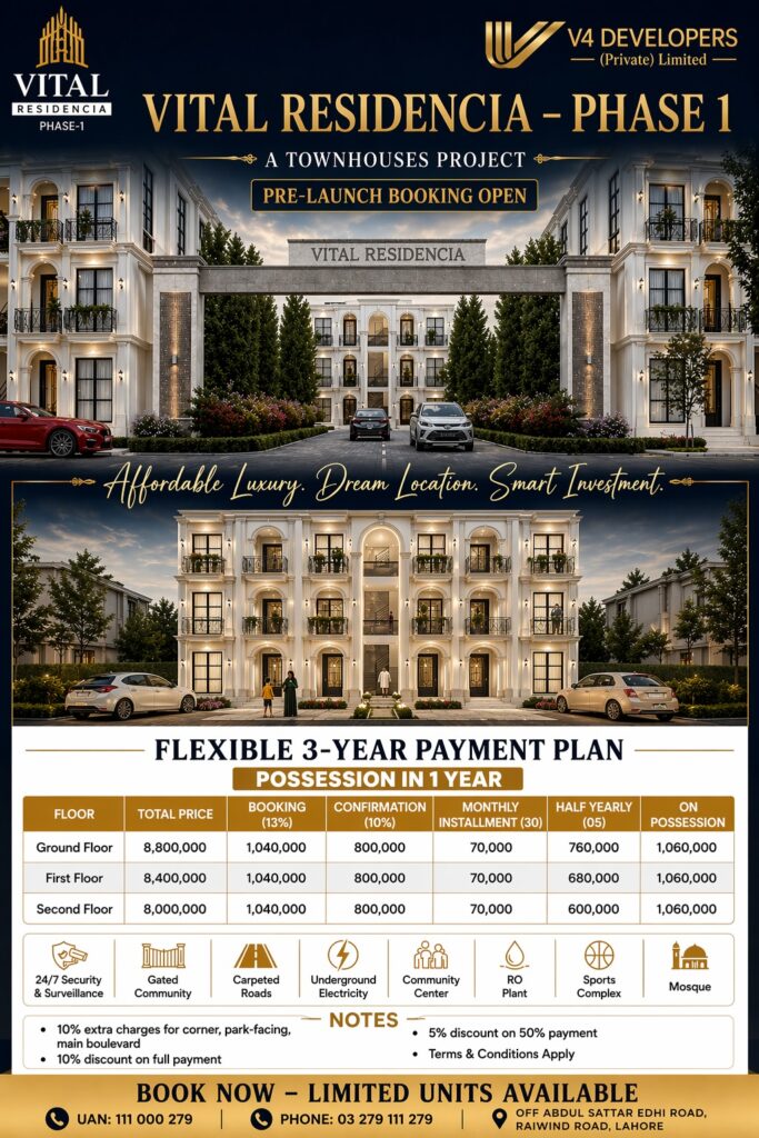 Official Vital Residencia Phase 1 payment plan showing 3-year installments and floor-wise pricing