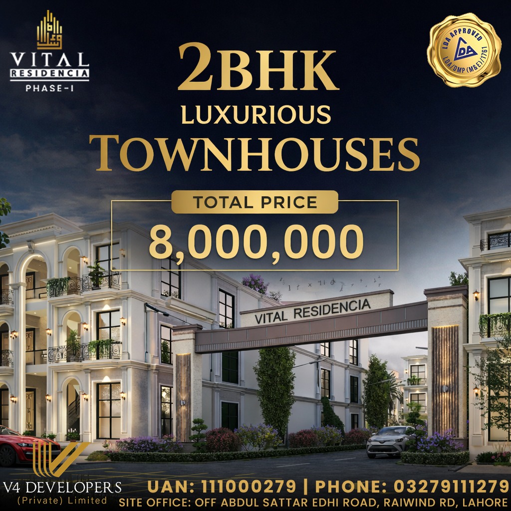 Front elevation of luxury townhouses at Vital Residencia on Main Raiwind Road Lahore